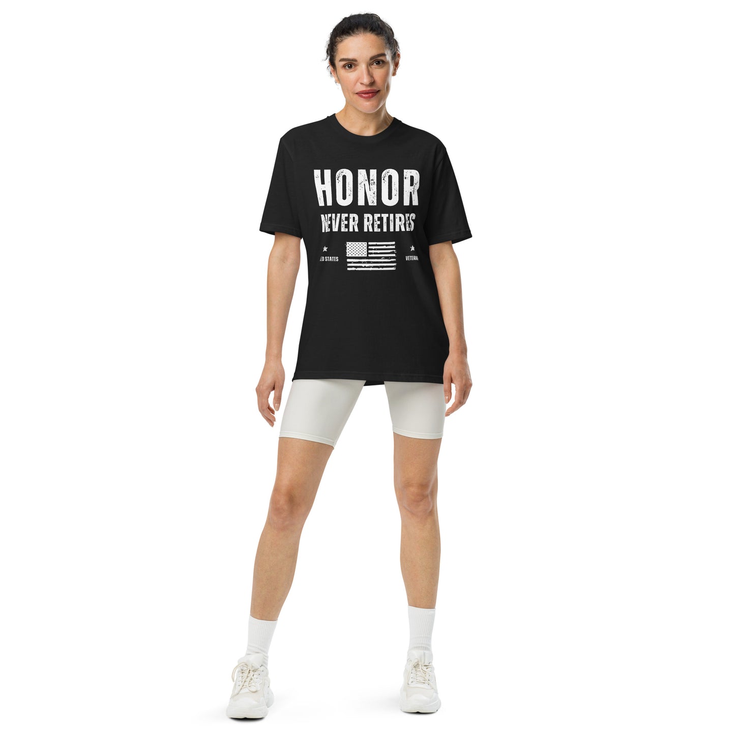 Veteran honor never retired american flag Under Armour athletic workout t-shirt black female model