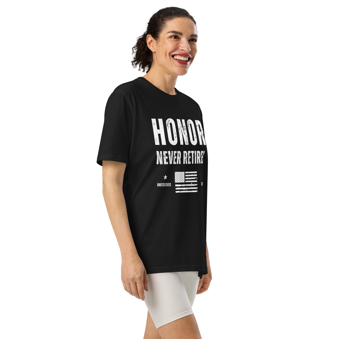 Veteran honor never retired american flag Under Armour athletic workout t-shirt black female model side