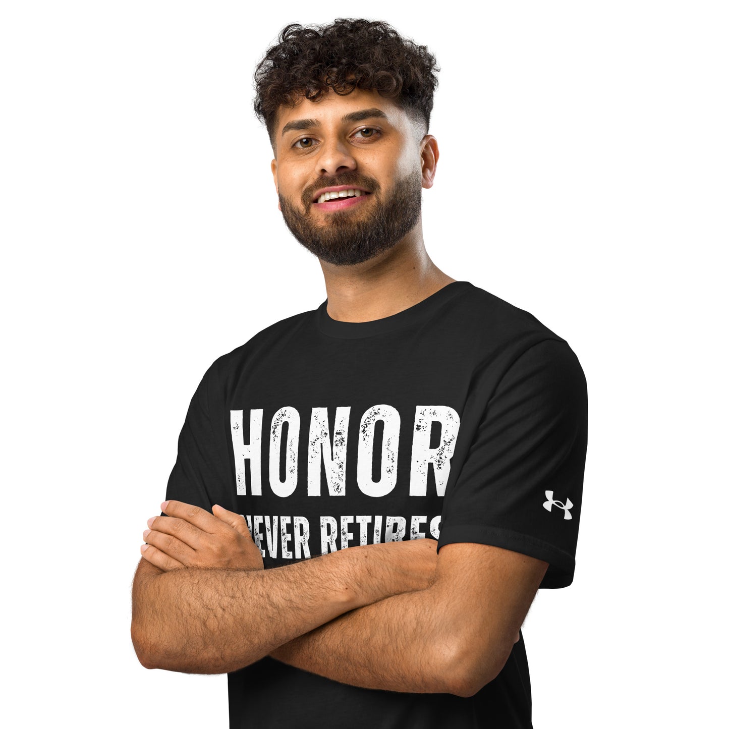Veteran honor never retired american flag Under Armour athletic workout t-shirt black model