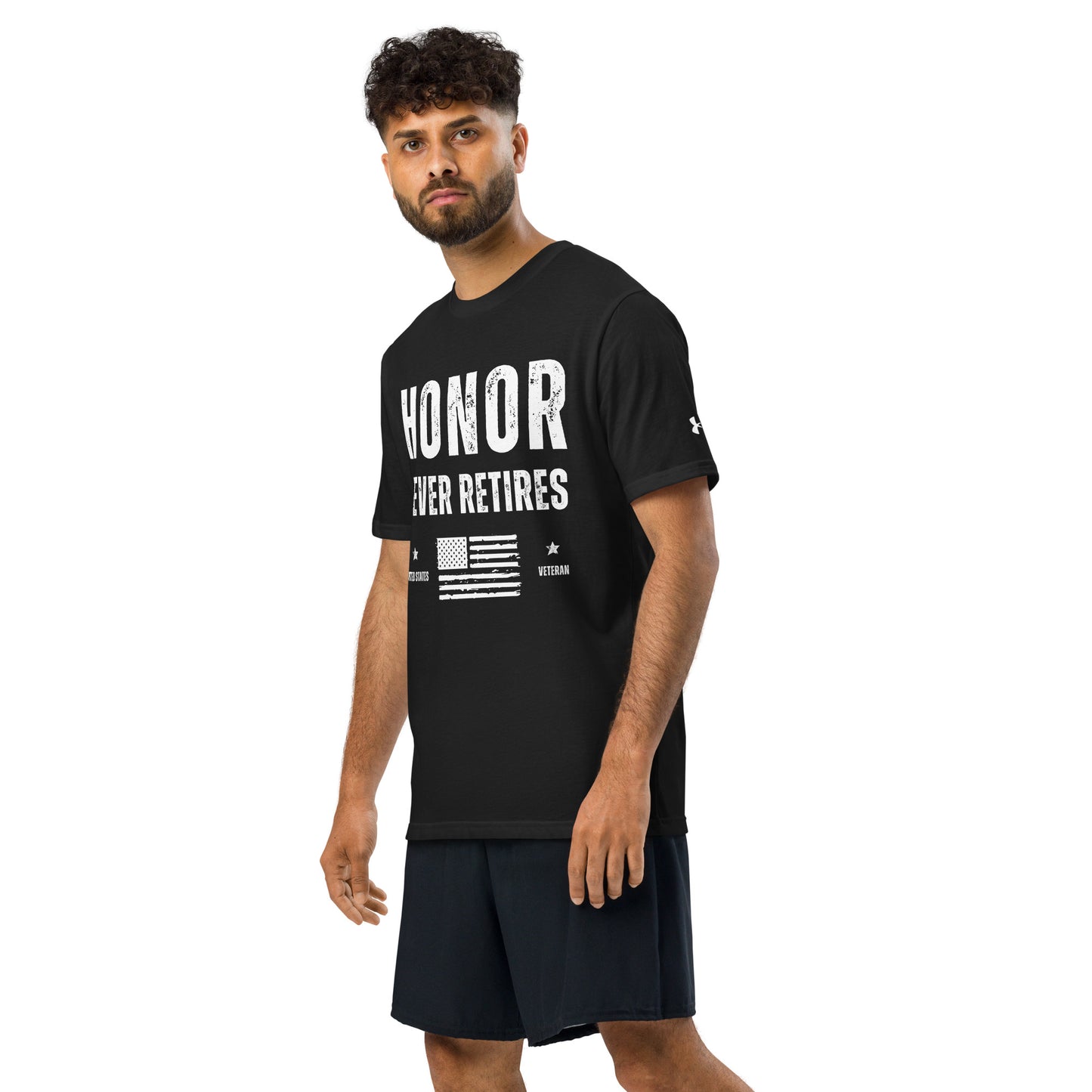 Veteran honor never retired american flag Under Armour athletic workout t-shirt black model 2
