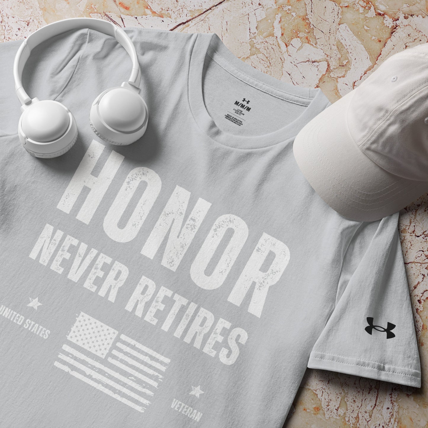 Veteran honor never retired american flag Under Armour athletic workout t-shirt light grey