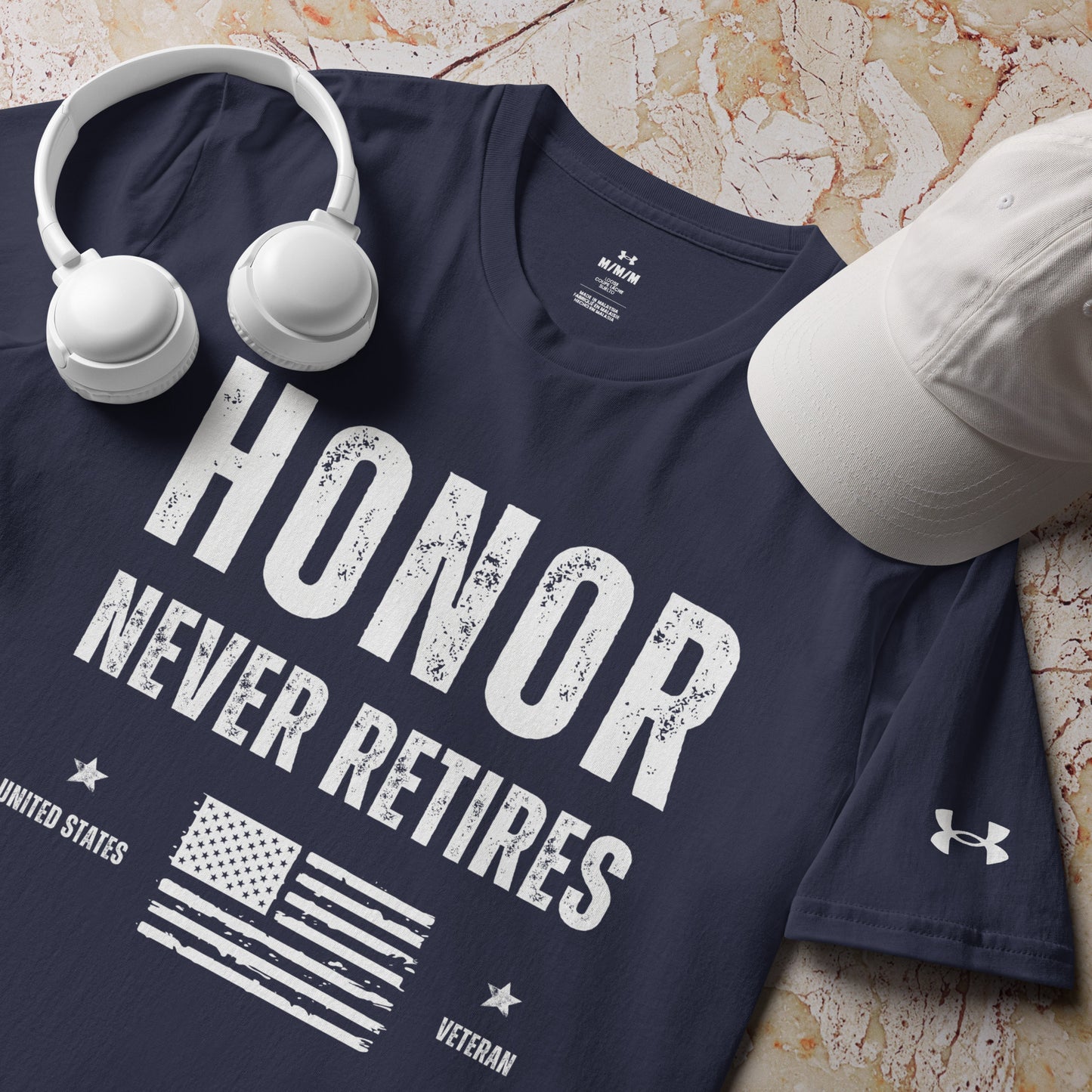 Veteran honor never retired american flag Under Armour athletic workout t-shirt navy female model side