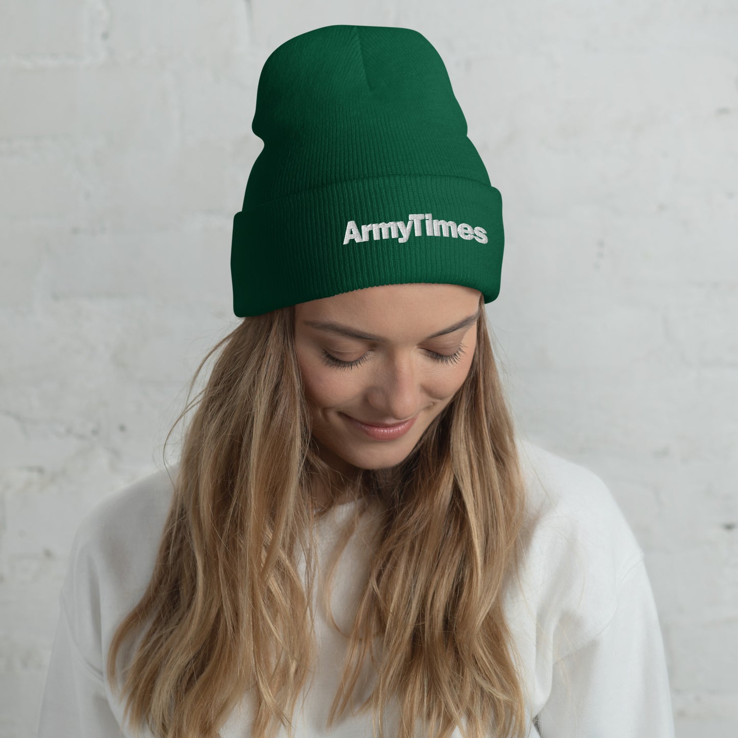 army times cuffed beenie hat winter green mock model female