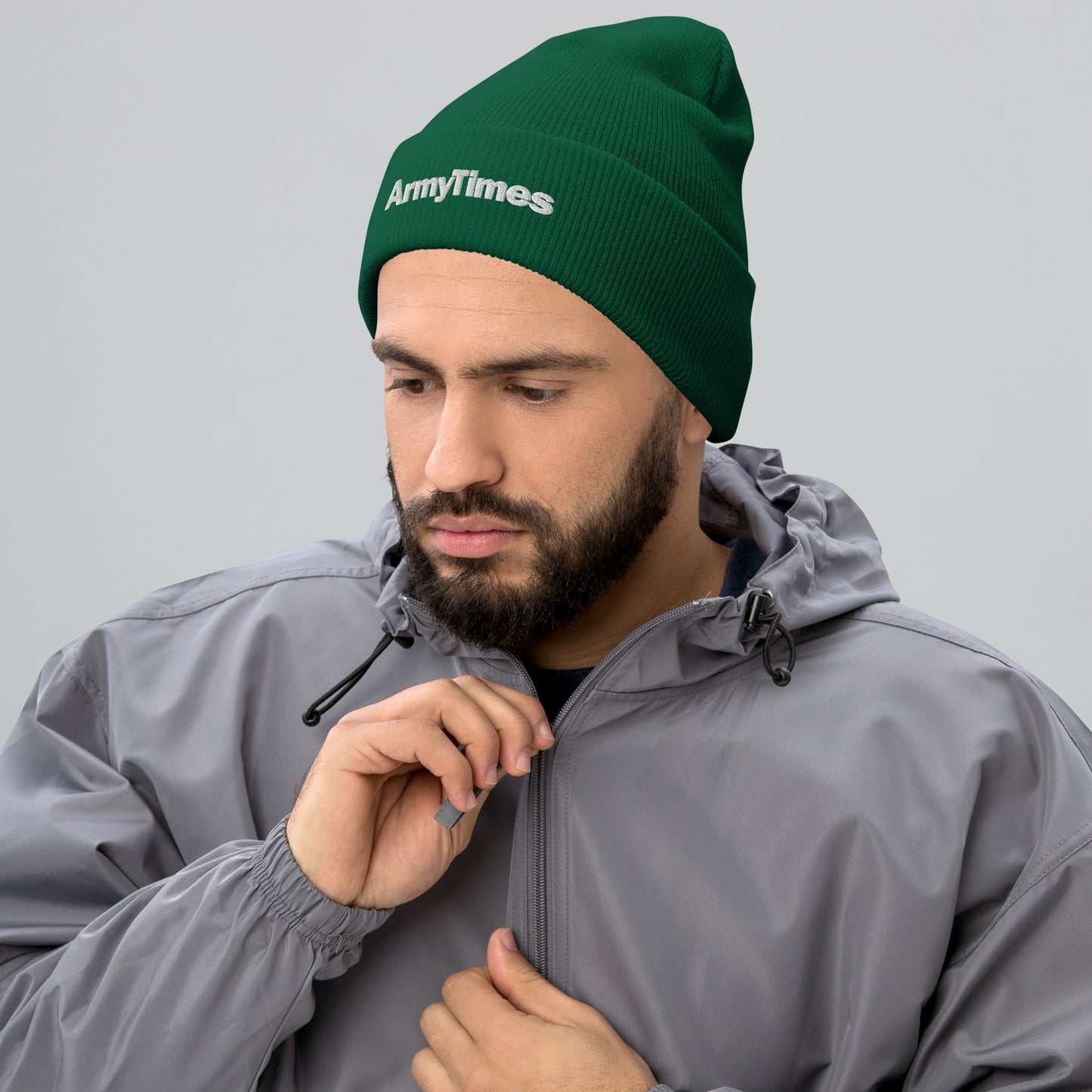 army times cuffed beenie hat winter green mock model male