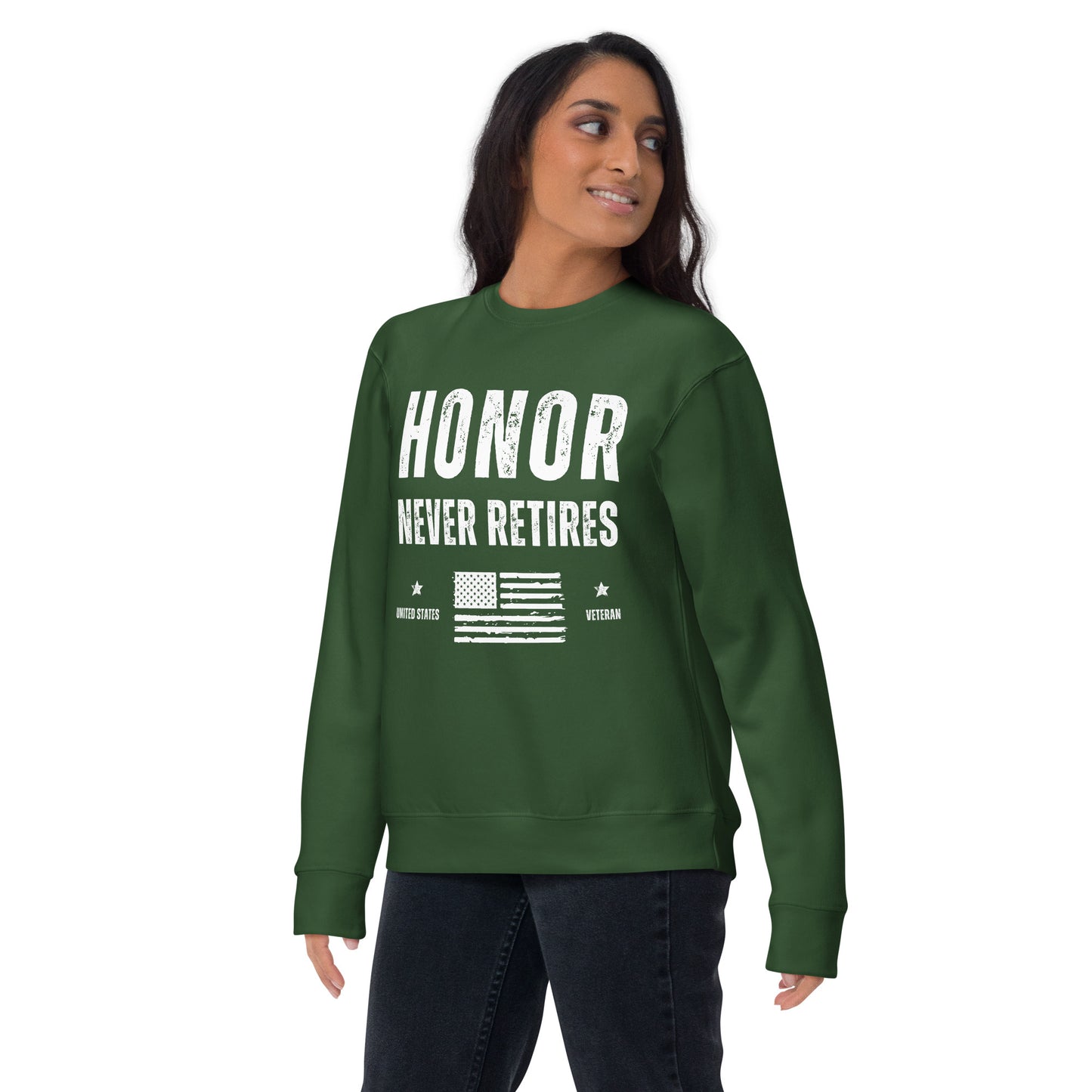 veteran honor never retired american flag pullover sweatshirt green model