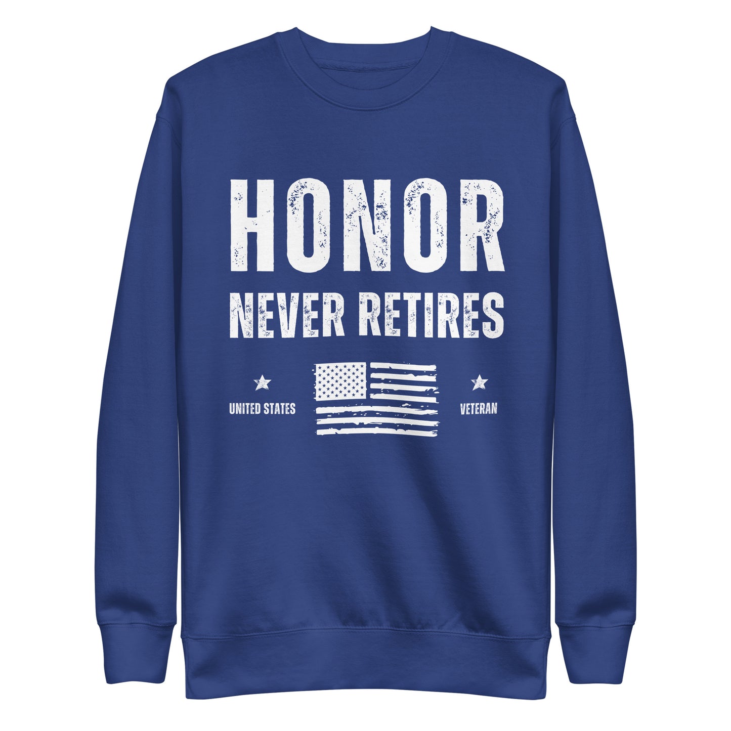 veteran honor never retired american flag pullover sweatshirt heather bright blue model