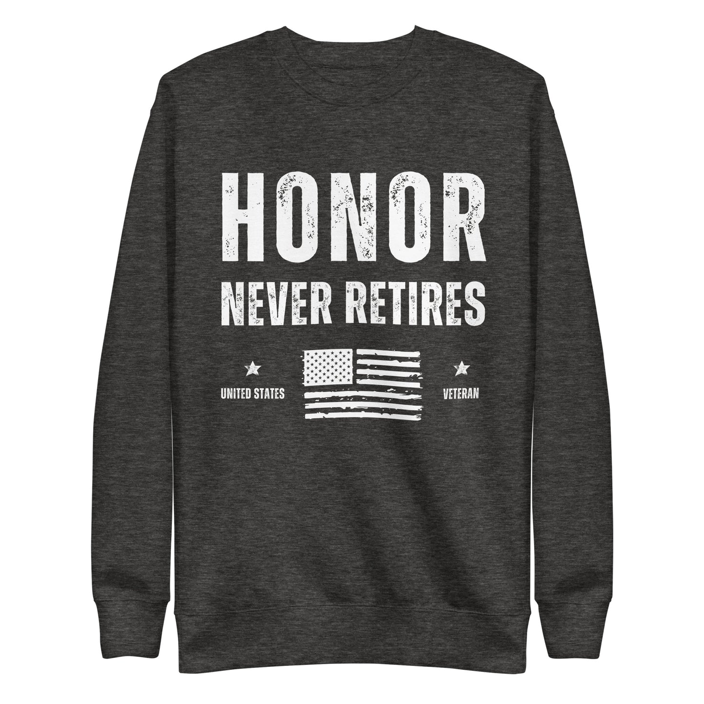 veteran honor never retired american flag pullover sweatshirt heather grey model