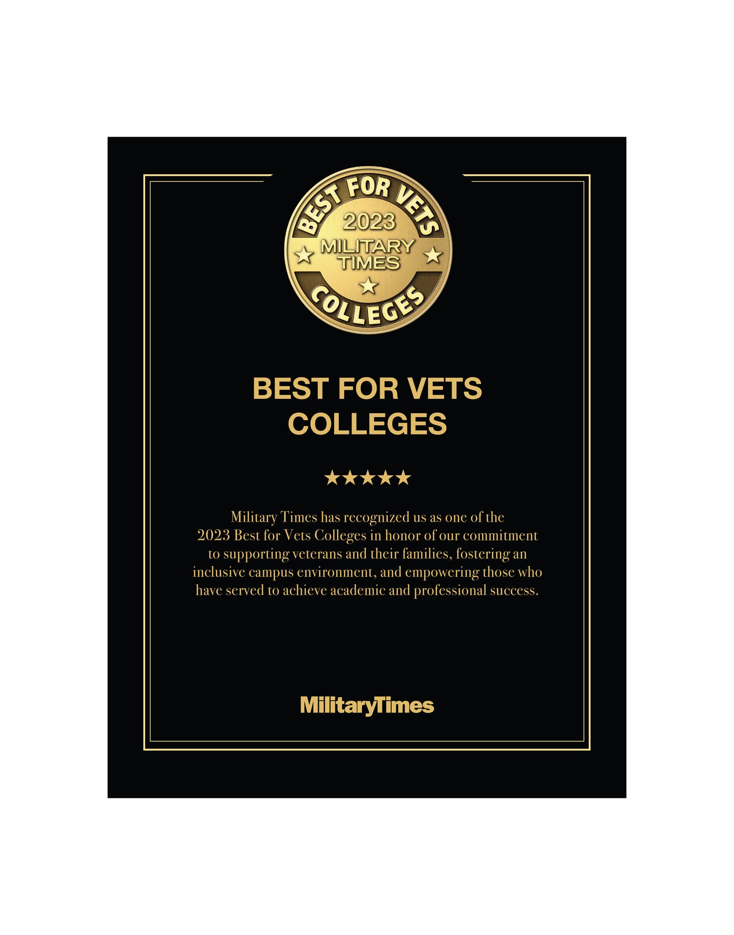 Best for Vets: Colleges 2023 Metal Plaque