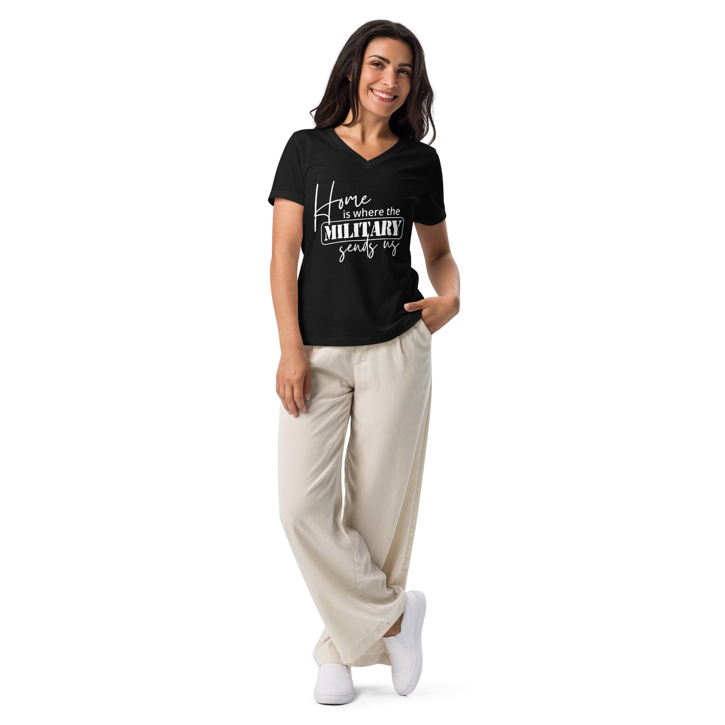 Home Is Where the Military Sends Us Women’s relaxed v-neck t-shirt